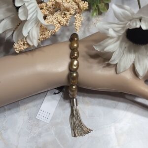 WHBM Gold Fresh Water Pearl Beaded Stretch Bracelet with Tassel NWT $50